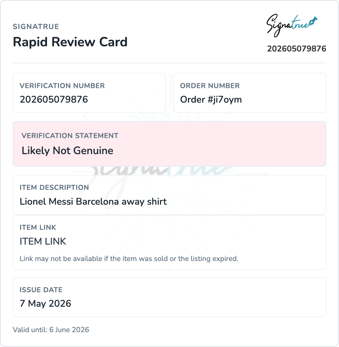 Sample rapid review certificate showing a likely not genuine Messi signed shirt