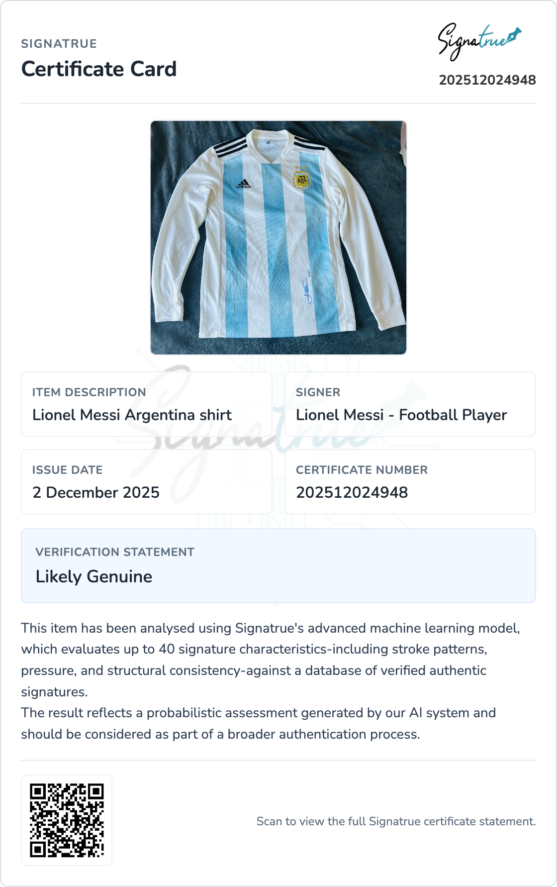 Sample pre-auth certificate showing a likely genuine Messi signed Argentina shirt