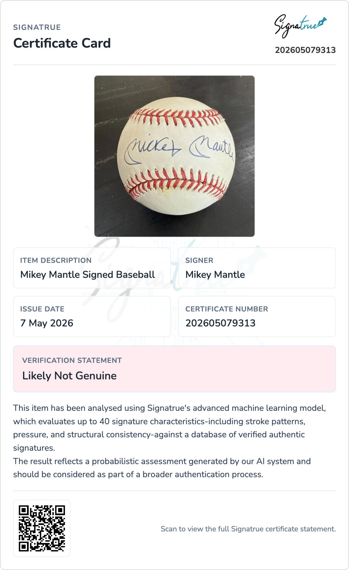 Sample pre-auth certificate showing a likely not genuine Mickey Mantle signed baseball